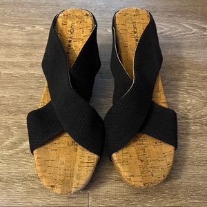 Lucky Brand Black Mykayla Wedge 10 Heel Sandals Cork Platform Studded Slip On